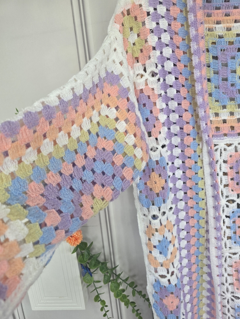 POL Pastel Crochet Granny Square Duster Kimono Cardigan OSFA - Picture 9 of 17